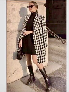 Zara Black & White Houndstooth Double-Breasted Blazer Coat
